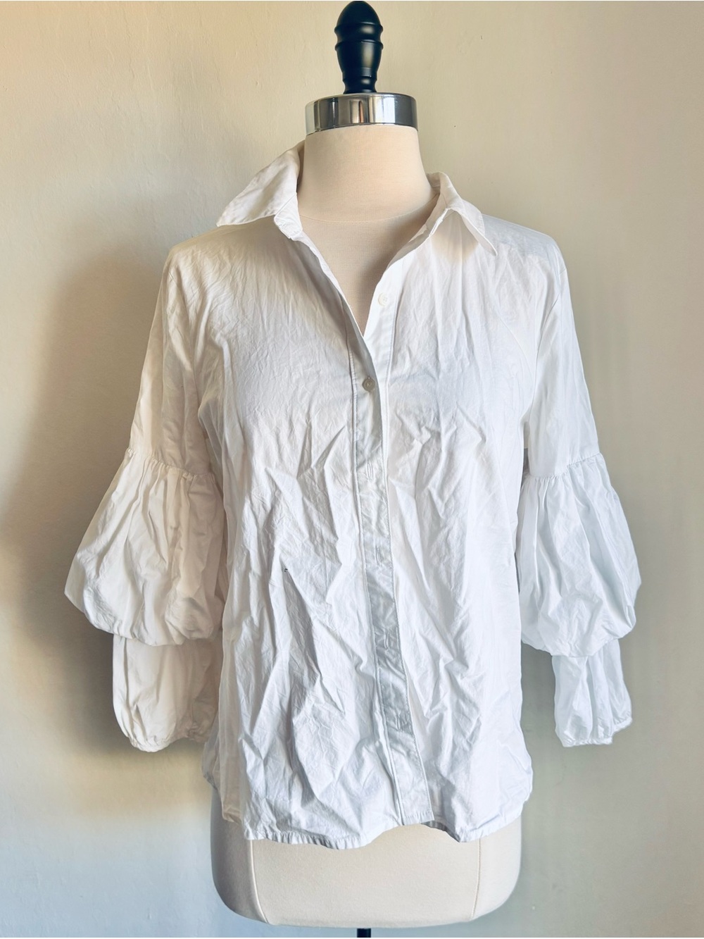 Ro & De White Cotton Puff Sleeve Button-Down Shirt